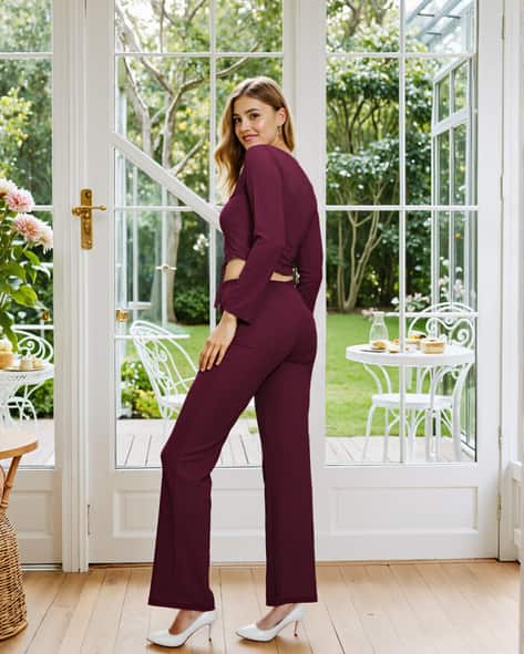 Shein Full Sleeve Textured Cut-Out Crop Top With Pants