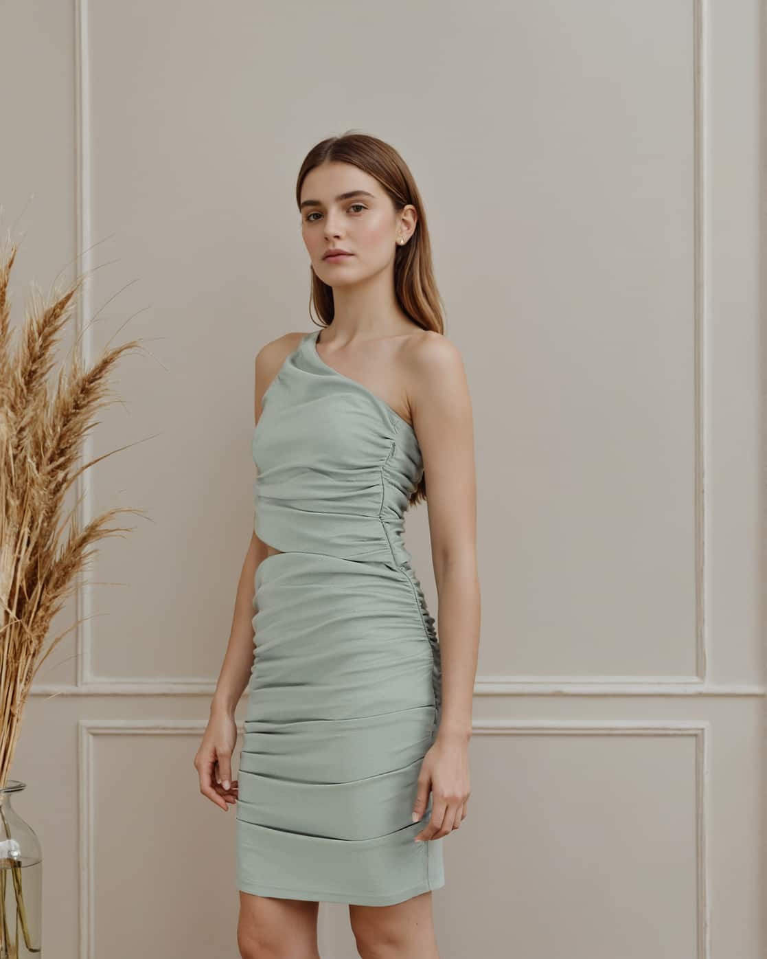 shein one shoulder dress green SHEIN One Shoulder Asymmetrical Hem Dress