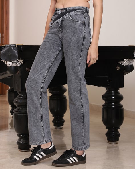 Shein Ankle Length Asymmetrical Waistband Acid Wash Jeans