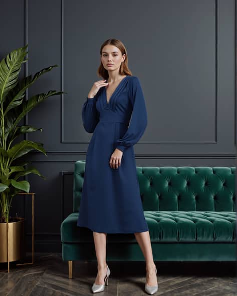 shein royal blue dress long SHEIN Belle Women's Elegant Royal Blue Chiffon Bridesmaids Dress,Spring Modest V-Neck Hollow Front Flared Long Sleeve Formal Party Wedding Dress