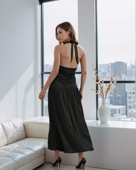 plunging neck tie front ruched split thigh dress