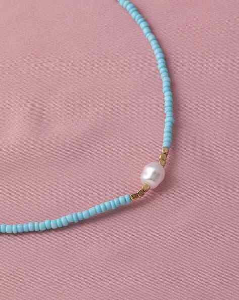 Shein Women Beaded Sea Green Short Necklace with Pearls