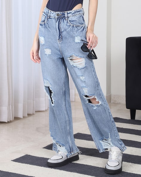 Shein Full Length Low Rise Stone Wash Distressed Jeans