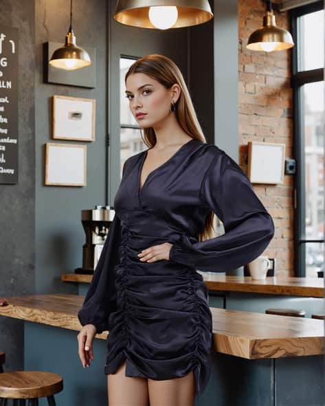 plunging neckline bodycon dress KissProm Cobalt Blue Plunge V Short with Puff Sleeves, Blue / 0 Color:as-pic 5% Spandex 25 waist Trendy A-line Straight Beading image-overlay-opt1