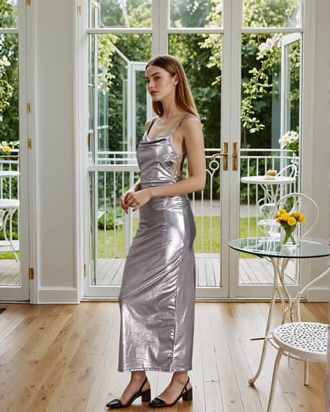 Long Anthropologie Silver Dress Cowl Neck Women's Slip Dress Midi Buy  Silver Dresses For Women By Shein Online