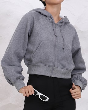 Shein Shein Women Raglan Full Sleeves Zipper Front Short Hoodie