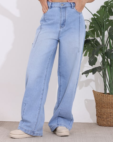 Shein Extra Long High Rise Panelled Light Wash Jeans