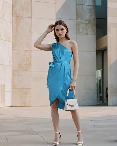 one shoulder dresses for women Women's Poetic Charm Light Blue Asymmetric One Shoulder Maxi Dress | Size: L