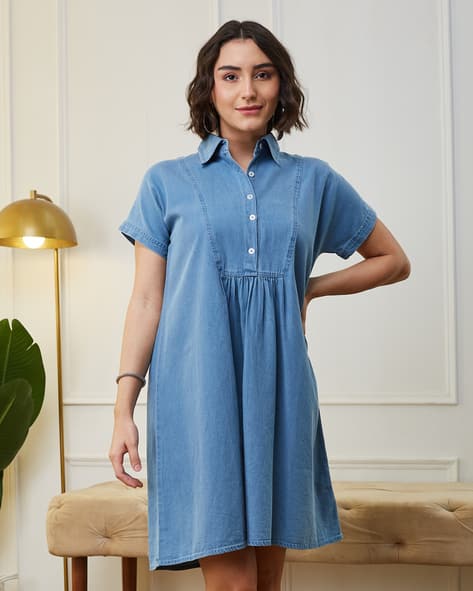 Shein Spread Collar Extended Sleeve Pleated Denim Dress