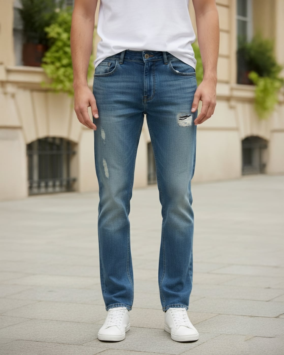 Shein Shein Fly With Button Closure Mid Wash Distressed Jeans For Men (Blue, 32)