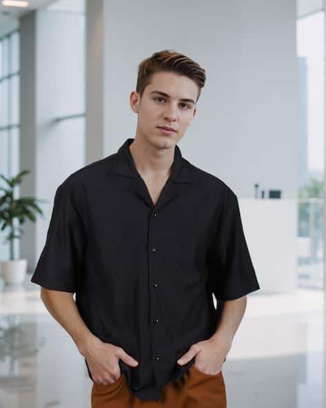  Shein Cuban Collar Drop Shoulder Geometric Print Shirt