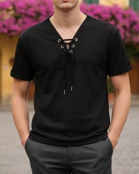 Shein Relaxed Fit Drop Shoulder Lace-Up Neck Textured Tshirt-picture-38