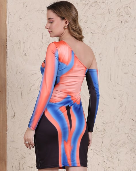 abstract print bodycon dress Plus Size Dress for Women Long Sleeve Crew Neck Side Slit Ruched Bodycon  Dresses main image 1