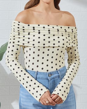 Shein Off Shoulder Overlay Ruched Polka-Dot Leotard Top