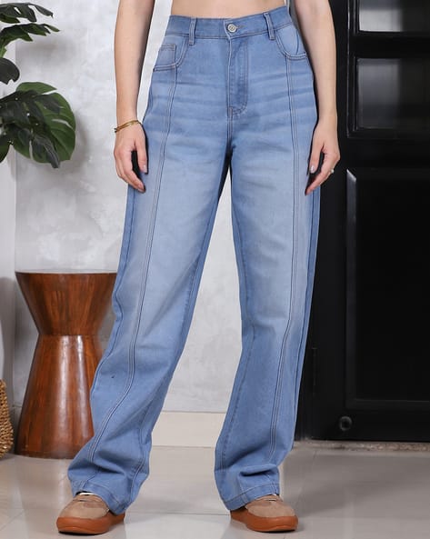 Shein High Rise Extra Long Panelled Mid Wash Jeans