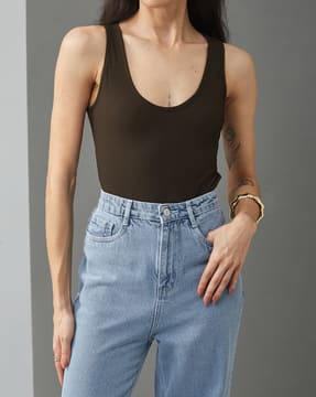 Shein Shein Women Cute Scoop Neck Sleeveless Ribbed Leotard Top
