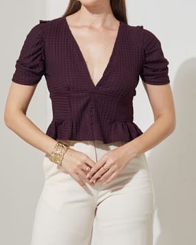 Shein Plunging Neck Puff Sleeve Textured Peplum Top-picture-48