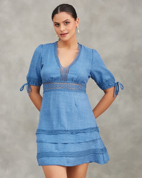 chinese dress ladies Shein- Lace Trimed Tie Neck A-line Dress – Bagallery main image 1