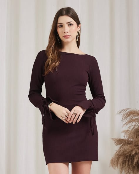knee length dresses for ladies Burgundy Long Sleeve O-Ring Detail Bodycon Midi Dress – AX Paris main image 0