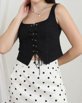 Shein Shein Cute Square Neck Panelled Front Tie-Up Short Top