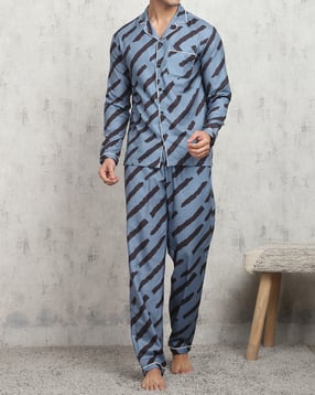 Shein Cuban Collar Abstract Print Contrast Trim Lounge Sets-picture-40