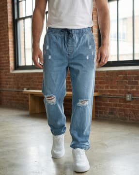 Shein Shein Elasticated Drawstring Waist Distressed Jeans