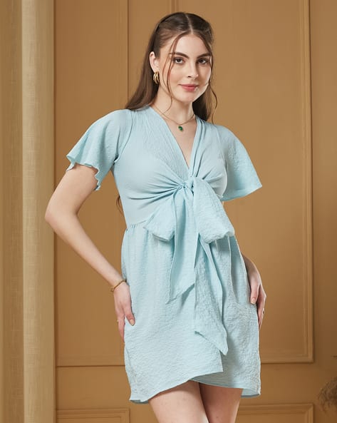 shein raglan sleeve tie front flare satin dress Jules main image 0