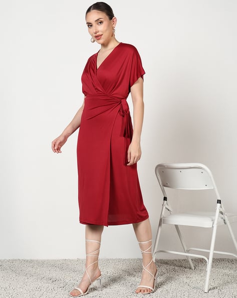 strapless open back dress SaintG Saint Womens Crimson Solid Viscose Sunfeel Midi Dress Red / M main image 0
