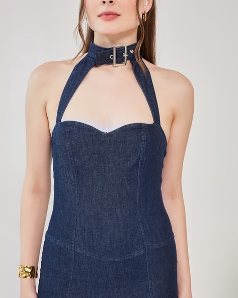 white christmas dresses Corbin Denim Halter Neck Mini Dress - US 4