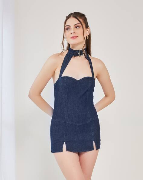 Shein Shein Buckle Strap Halter Neck Panelled Mini Denim Dress For Women (Navy, L)