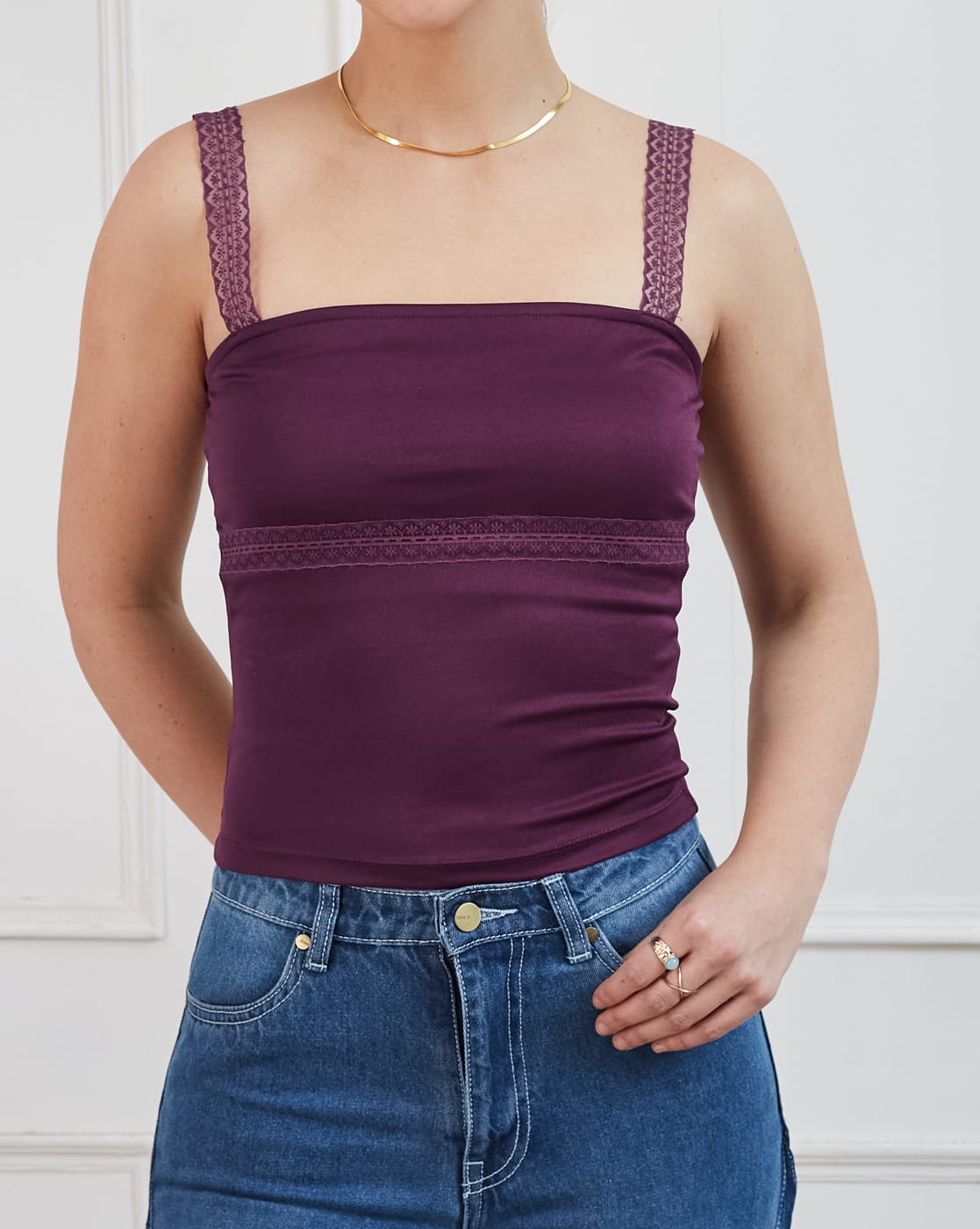 Shein Shein Strappy Sleeves Embroidered Lace Shoulder Strap Top For Women (Wine, XXL)