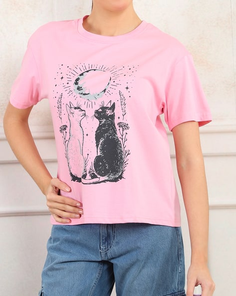 SHEIN XS ピンク Tシャツ　バックプリント　トップス Buy Shein Shein Back Typographic Print  Online | Ajio.com