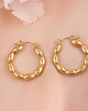 Shein Women Oval Beaded Gold Hoop Earrings-image-6