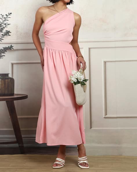 shein pink one shoulder dress SHEIN Lunessa Soft Pink Summer Chic Party Night One Shoulder Ruched Bodycon Mini Dress With Draped Sash,Stretchy Elegant Cocktail Wedding Guest Dresses For Women