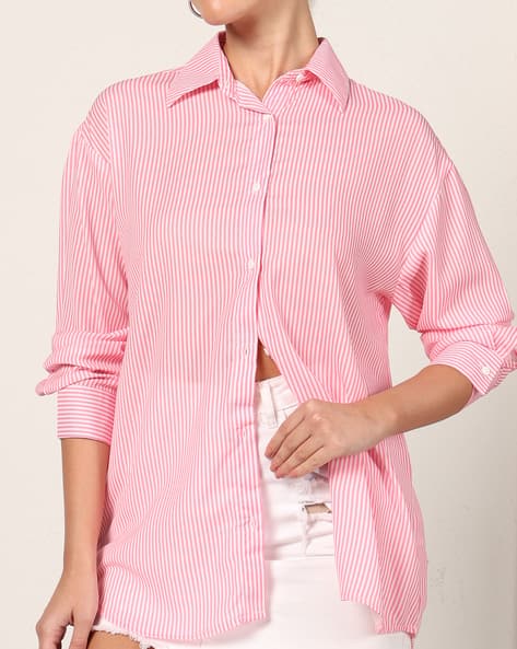 Shein Drop Shoulder Spread Collar Long Striped Shirt