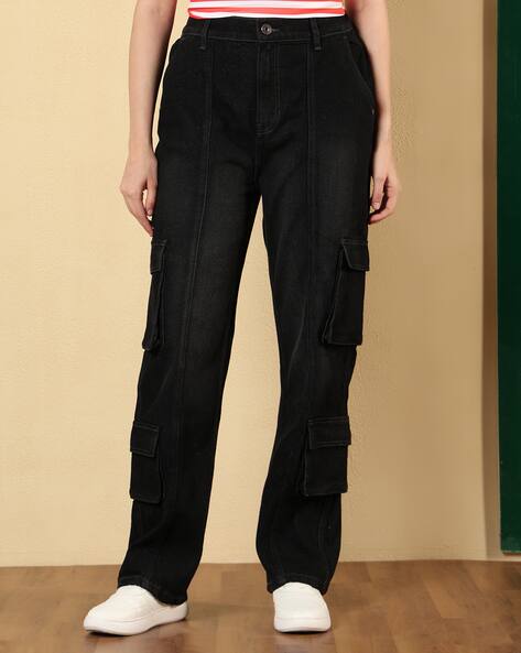 Shein Semi Elasticated Waist Mid Wash Cargo Jeans