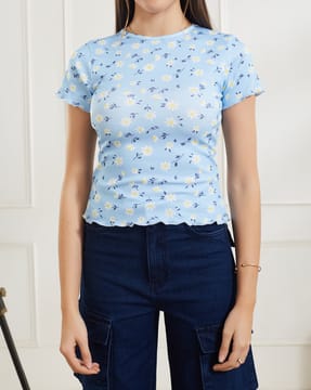 Shein Shein Women Short Sleeve Floral Print Ribbed Top