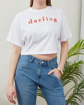 Shein Shein Women Drop Shoulder Typographic Chest Print Crew Tshirt