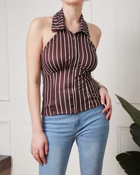 Shein Shein Women Work Halter Neck Spread Collar Sleeveless Striped Top