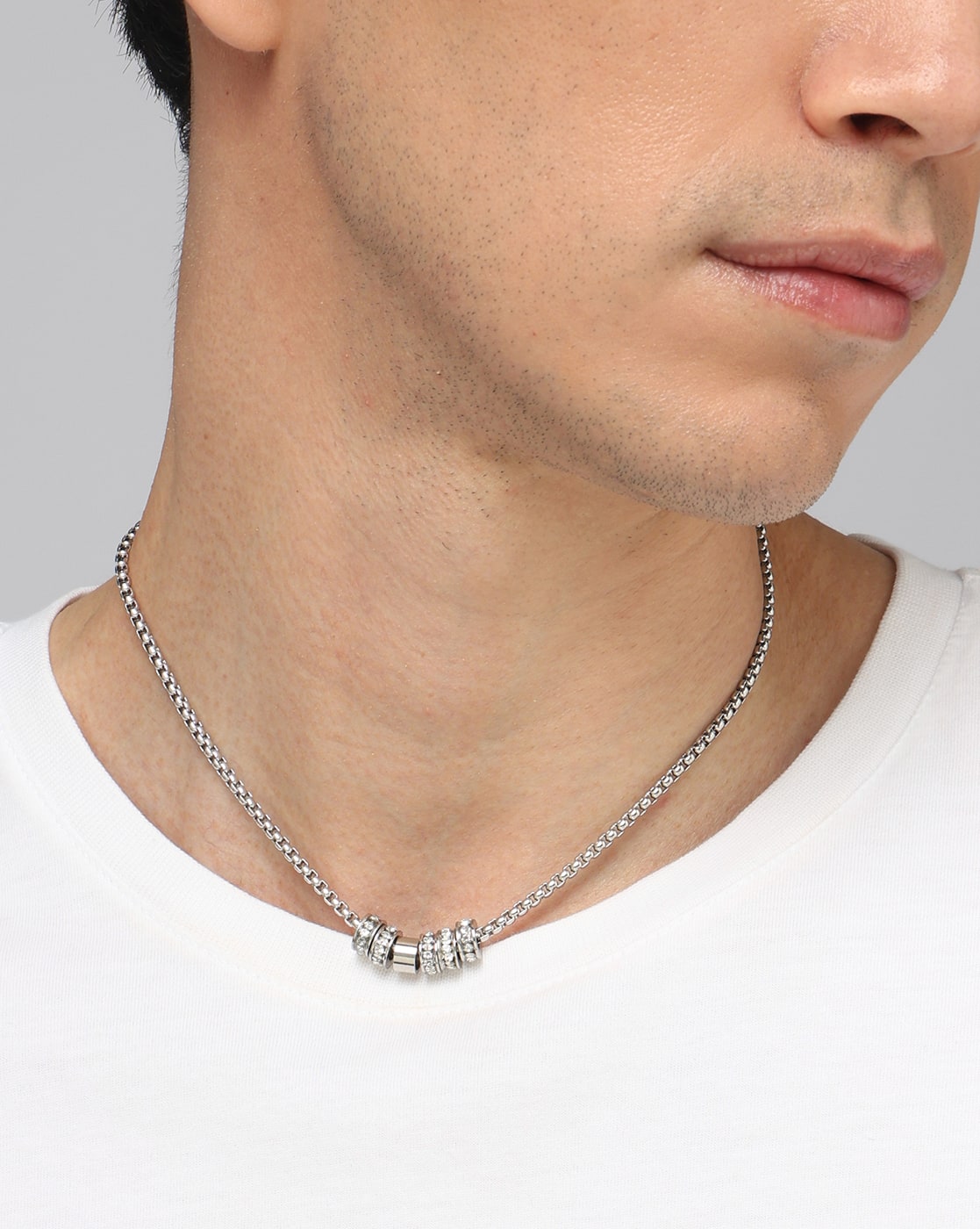 Shein Shein Men Silver Rhinestone Barrel Charm Detail Chain For Men (Silver, ONE SIZE)