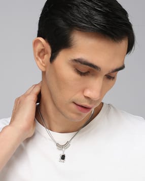 Shein Men Silver Layered Chain With Black Crystal Pendant-picture-43