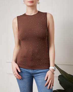 Shein Shein Women Sleeveless Rhinestones Embellished Tank Top