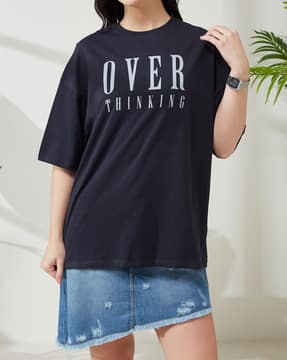Shein Shein Women Drop Shoulder Typographic Chest Print Crew Tshirt