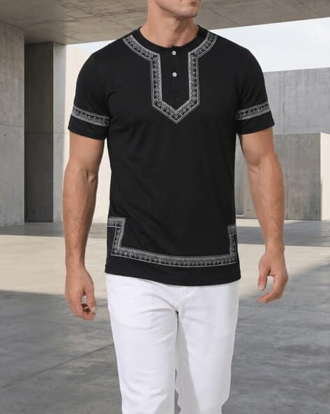 Shein Geometric Placement Print Henley Neck Tshirt