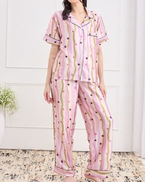 Shein Lapel Collar Striped Star Print Shir & Pyjama Set-picture-11