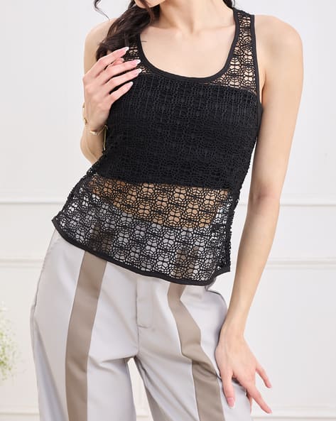 Product image of
                        Shein Shein Scoop Neck Sleeveless Crochet Sheer
                        Tank Top