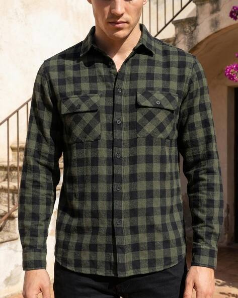 Shein Spread Collar Full Sleeve Checked Chest Pocket Shirt