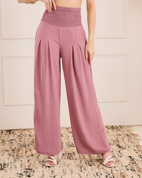 Shein Full Length High Rise Smocked Waist Pleated Palazzo