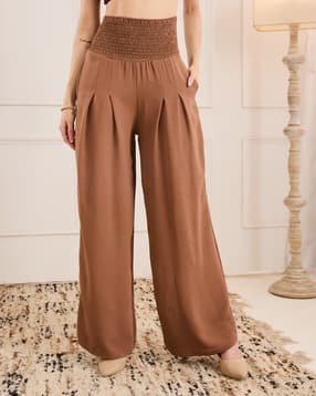 Shein Full Length High Rise Smocked Waist Pleated Palazzo