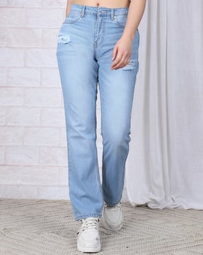 Shein Shein Women Fly With Button Closure Mid Wash Distressed Jeans
